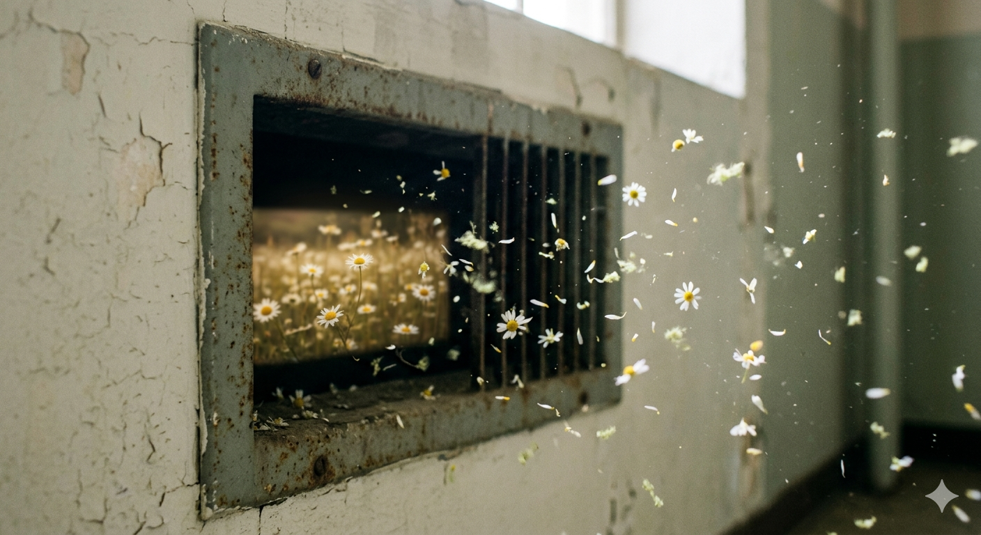 Daisies drifting through an old window for Where Daisies Linger.